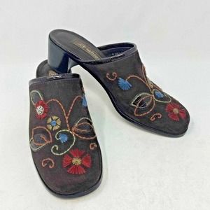 Brighton Fiona Brown Embroidered Floral Mule Shoes Block Heel Womens Size 8.5